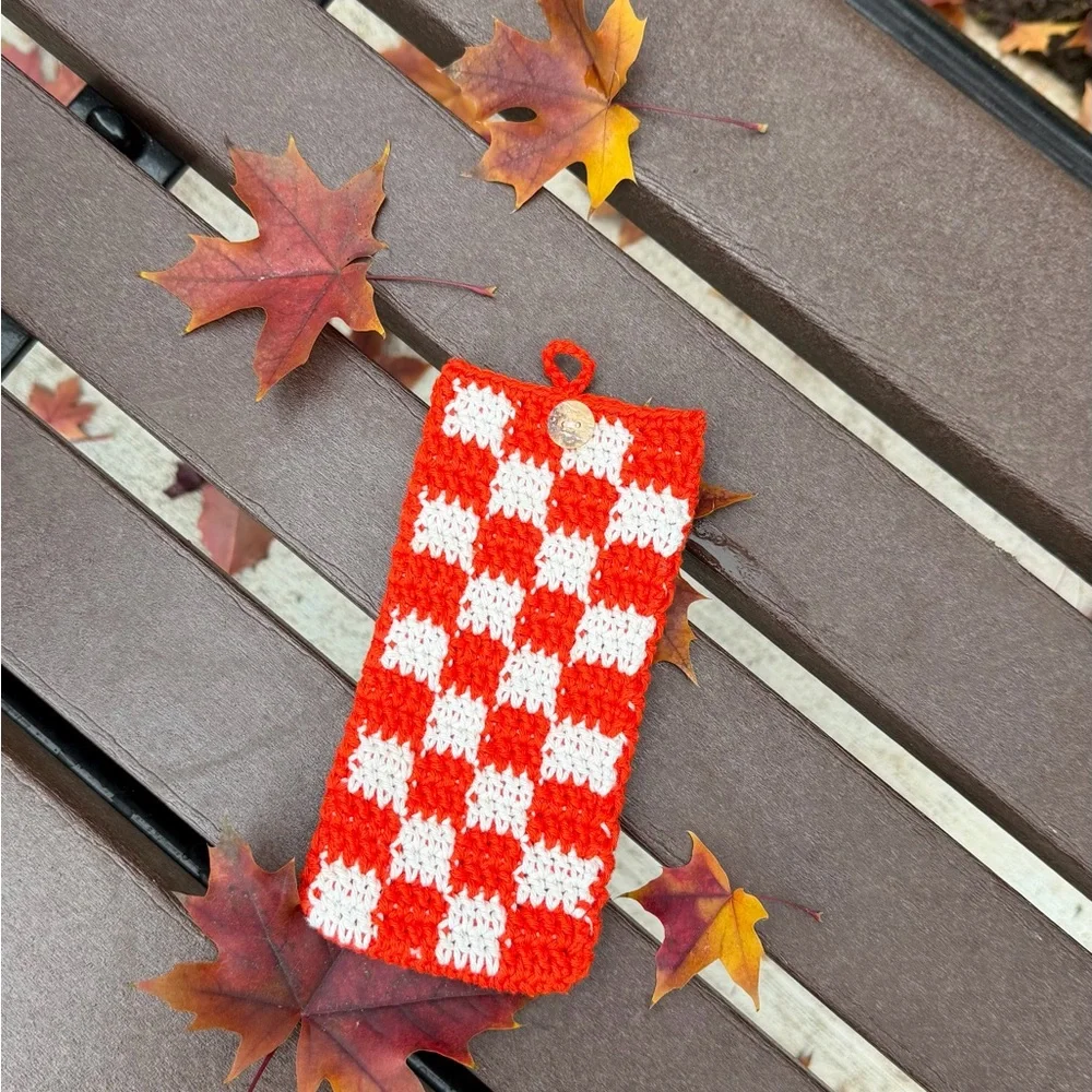 Red and White Checkered Crochet Pouch